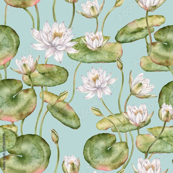 Fototapeta Seamless watercolor pattern featuring delicate white water lilies with green leaves. Hand-drawn lotus flowers on an isolated background, perfect for textiles and wrapping paper.