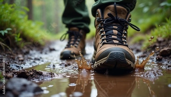 Fototapeta Dirty Hiking Boot Splashing Through Mud on Forest Trail with Blurred Greenery Background	