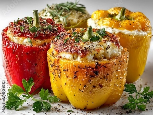 Fototapeta Colorful and Appetizing Stuffed Bell Peppers with Herbs and Cheese Fillings