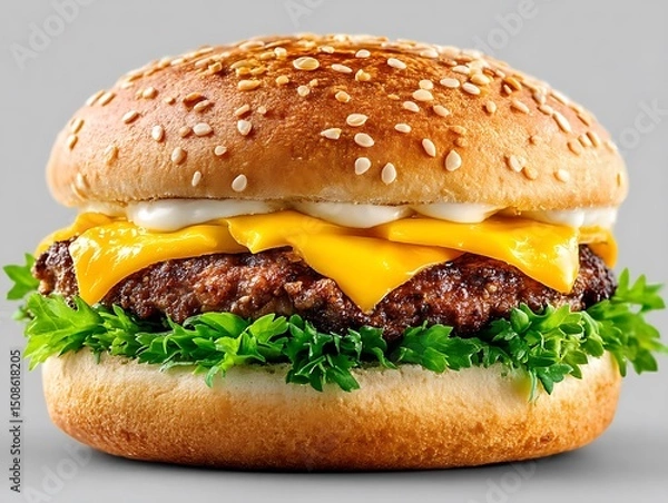 Fototapeta Delicious and Appetizing Cheeseburger with Fresh Ingredients on a Light Gray Background