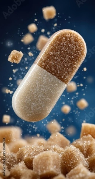 Obraz Floating Sugar Capsule Over Brown Sugar Cubes