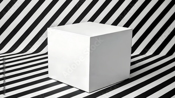 Fototapeta Zebra Gazing at White Cube Against Black and White Striped Background
