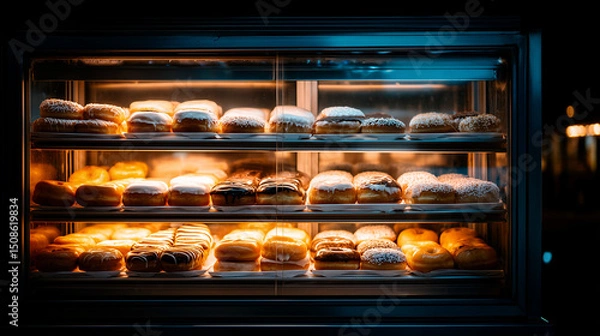 Fototapeta Celebrate National Doughnut Week with a Glowing Display of Freshly Baked Powdered and Filled Donuts, A Perfect Sweet Treat Showcase for Bakery Lovers and Food Enthusiasts