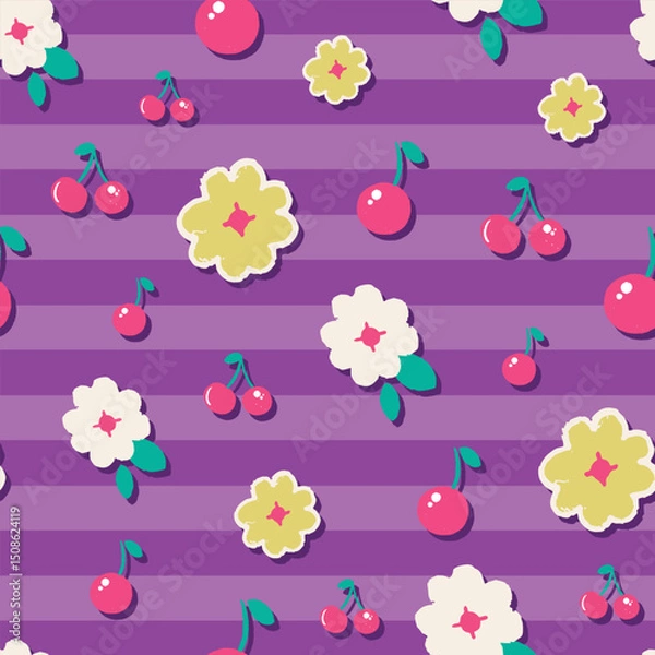 Obraz Fruit and flowers vector repeat pattern on purple stripes