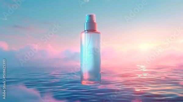 Obraz Weightless setting spray bottle mockup hovering above an endless ocean of mist reflecting the soft neon hues of a glowing dreamscape sky