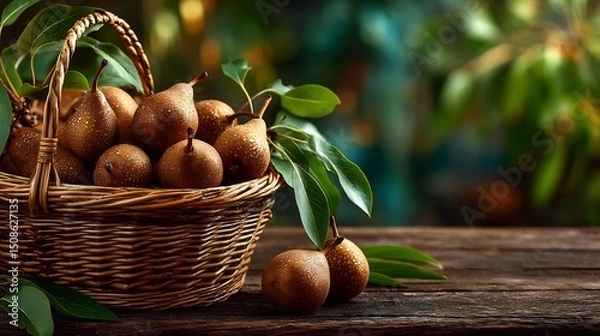 Obraz Ripe Pears Basket with Autumn Harvest, and Rustic Wood.