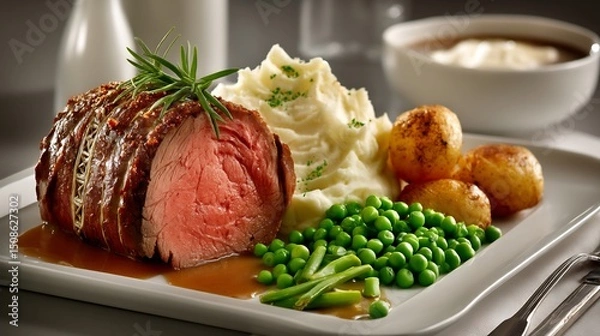 Obraz Roast Beef Dinner Mashed Potatoes with Peas.