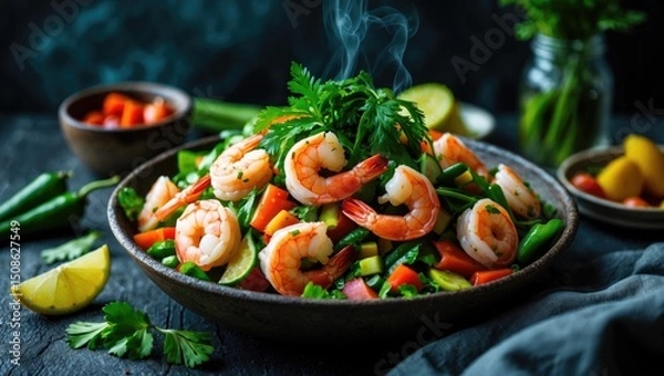 Fototapeta Paco Fern Spicy Salad Shrimp Healthy Salad Recipe For Fresh Seafood Vegetables with Empty Copy Space For Text