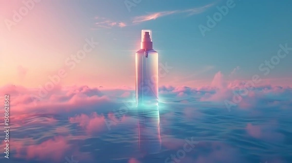 Obraz Weightless setting spray bottle mockup hovering above an endless ocean of mist reflecting the soft neon hues of a glowing dreamscape sky