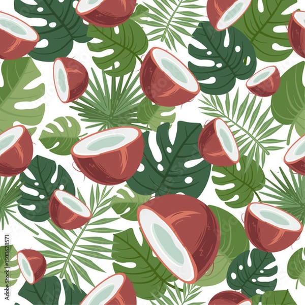 Obraz Seamless Vector Pattern with Tropical Green Leaves and Coconuts on White Background – Summer Nature Design for Kids, Seasonal Projects, Home Decor and Textile