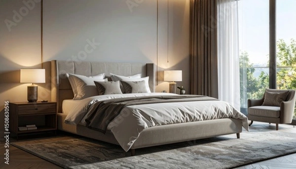 Fototapeta A stylish hotel bedroom with a king-sized bed, bedside tables, a reading lamp, and a