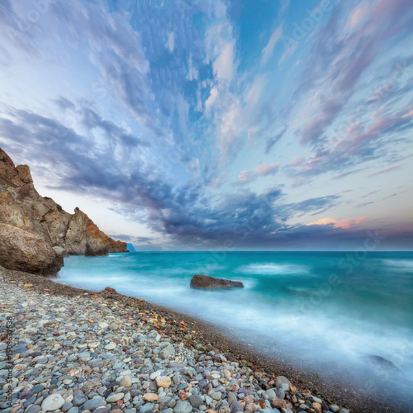 Fototapeta Amazing view of the beach and rocks shot with a long exposure.