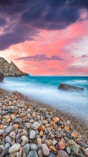 Fototapeta Amazing view of the beach and rocks shot with a long exposure.