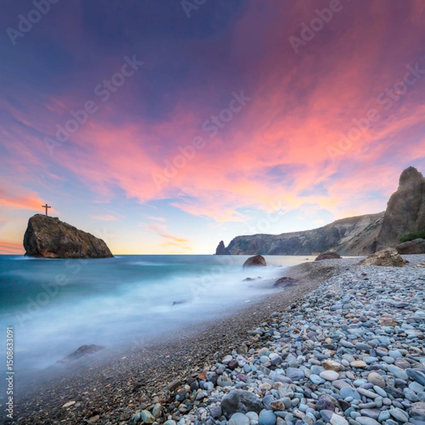 Fototapeta Amazing view of the beach and rocks shot with a long exposure.
