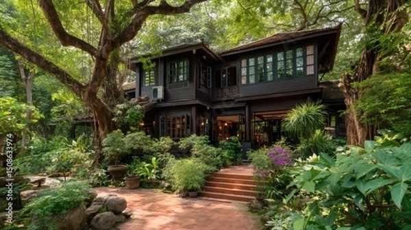 Fototapeta Charming Wooden House Surrounded by Lush Greenery and Vibrant Flora