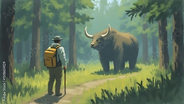 Fototapeta A Hiker Encounters a Yak in a Forest, Wildlife Encounter, Nature