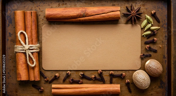 Obraz Aromatic Autumn Spices Frame: Cinnamon, Star Anise, Cloves, Nutmeg, Cardamom with Blank Card for Recipe on Rustic Metal Tray. Warm Holiday Baking Ingredients, Copy Space.