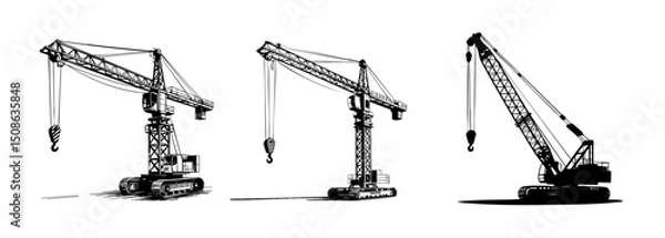 Fototapeta set of construction crane heavy machinery vector illustrations, building and lifting
