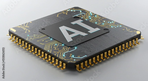 Fototapeta AI Chip with Circuitry and Golden Pins
