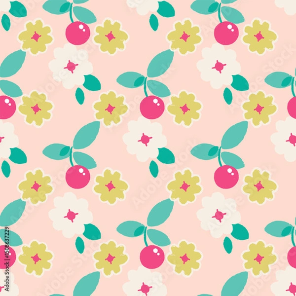 Obraz Flowers and cherries abstract seamless pattern design