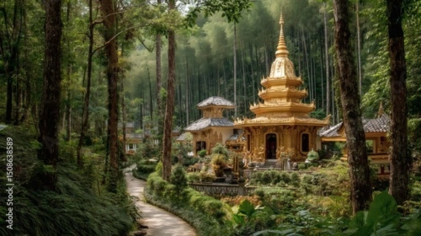Obraz Tranquil Golden Temple Surrounded by Lush Green Forest and Pathway