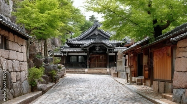 Obraz Traditional Japanese Architecture with Serene Pathway in Nature