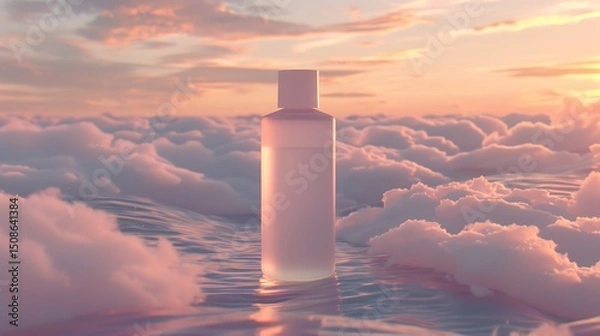 Obraz Weightless toner bottle mockup hovering over a sea of undulating cloud waves its reflection shimmering beneath soft pastel sunset hues in a dreamlike horizon