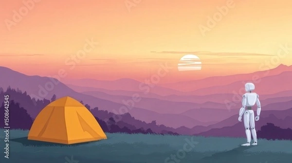 Obraz Robotic assistant setting up a smart camping zone, AI-powered recreation