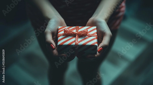 Obraz Hands holding a small red and white striped gift box tied with a glittery ribbon, perfect for holiday celebrations and festive occasions

