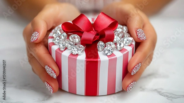 Obraz Hands holding a small red and white striped gift box tied with a glittery ribbon, perfect for holiday celebrations and festive occasions

