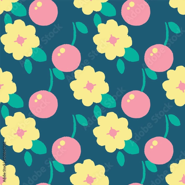 Obraz Pink cherry and flower seamless vector pattern background