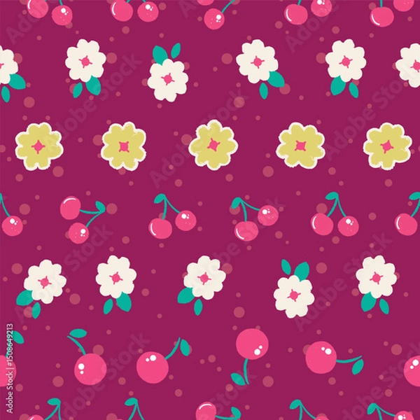 Obraz Florals and fruit repeat pattern design on purple background