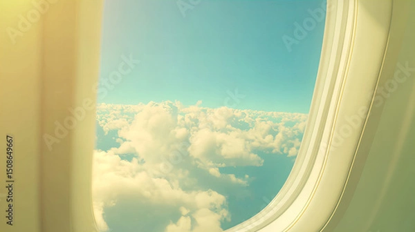 Obraz Peaceful sky and soft clouds viewed from inside an airplane through a passenger window during flight at high altitude