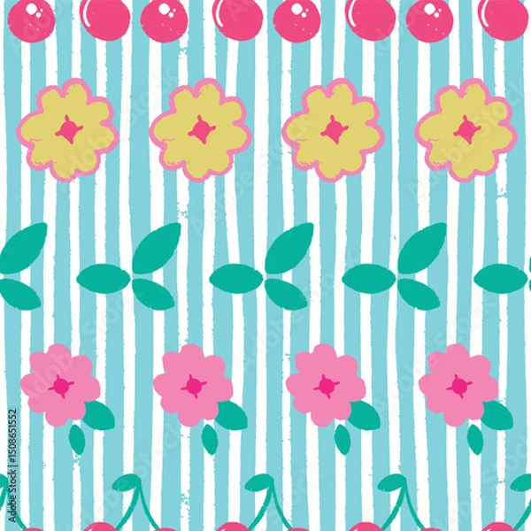 Obraz Flowers and cherry fruit seamless pattern on blue striped background