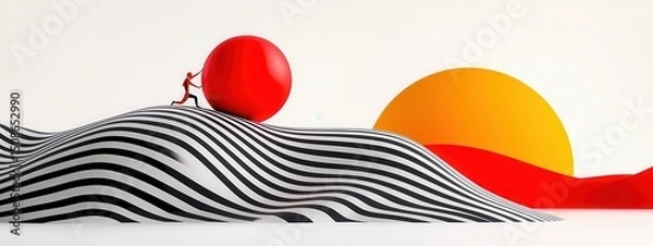 Fototapeta Abstract Red and Orange Spheres on Black and White Striped Surface