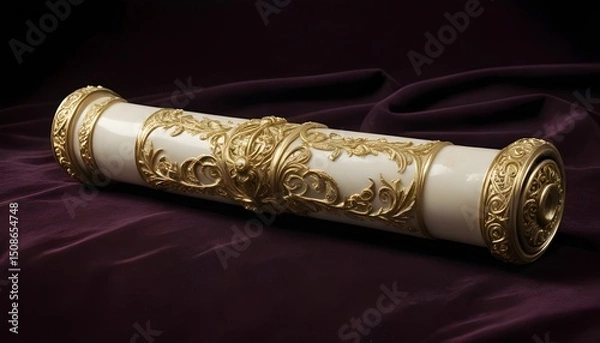 Fototapeta Elegant Golden Scroll with Ornate Patterns on Velvet Backdrop