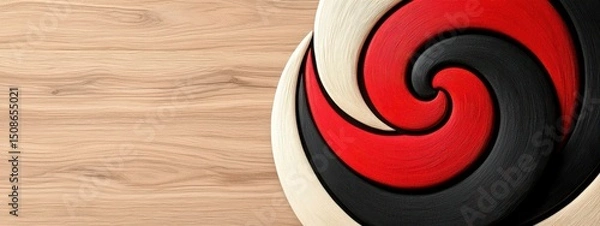 Obraz Abstract Red Black White Spiral Pattern on Wooden Background
