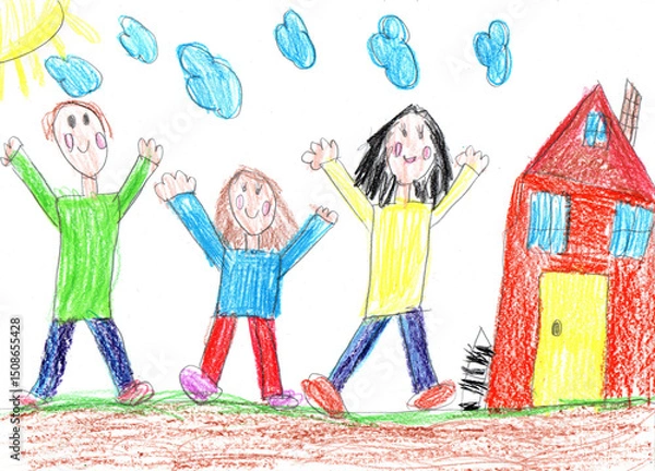Obraz Child drawing of a happy family on a walk outdoors. Pencil art in childish style