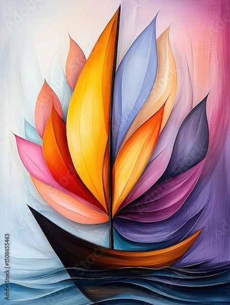 Fototapeta Abstract Sailboat Watercolor Painting Multicolored Sails on a Dark