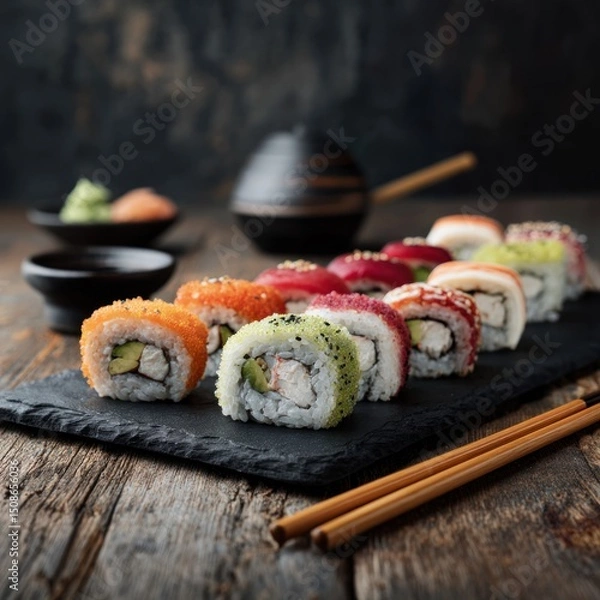 Fototapeta Assorted sushi rolls arranged on a black slate plate with chopsticks on wood.