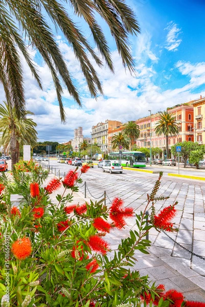 Fototapeta Street with typical architecture of the old center of Cagliari and Town Hall, Municipio di Cagliari.