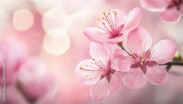 Obraz Delicate pink blossoms in spring garden, bokeh background