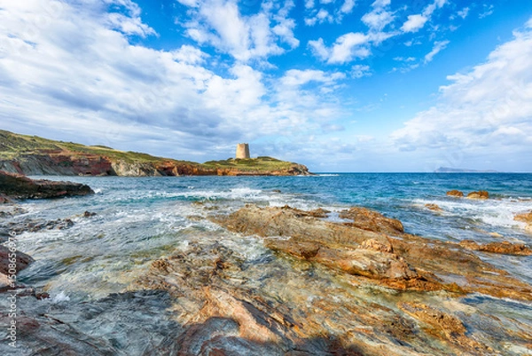 Fototapeta Attractive morning view  of Piscinni bay with turquoise sea and famous coastal tower of Piscinni.