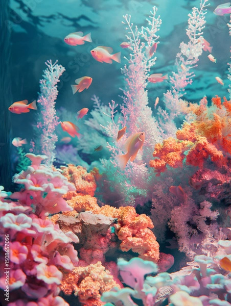 Obraz Coral reef in blue sea, teeming with colorful fish and swaying seaweed under the warm sunlight.