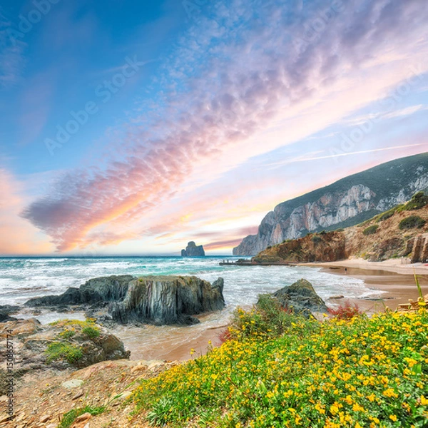 Fototapeta Attractive view of beach Portu Cauli in Masua with Pan di Zucchero at background.