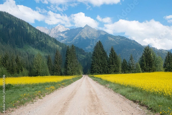 Fototapeta A dirt road stretches through fields of yellow flowers and dense green forest, leading to majestic mountains under a partly cloudy sky.