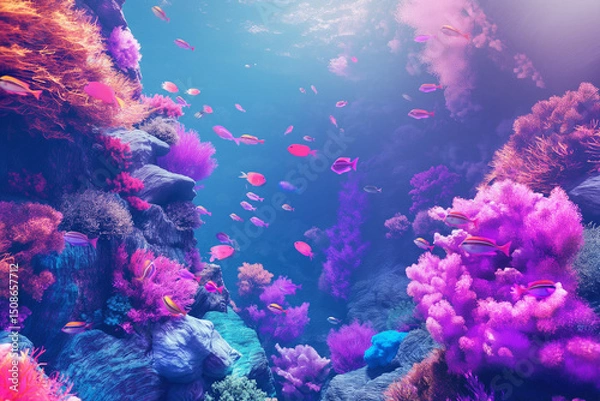 Obraz Coral reef in blue sea, teeming with colorful fish and swaying seaweed under the warm sunlight.