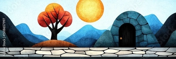 Obraz Autumnal Landscape Painting Stylized Tree, Stone Arch, and Mountains