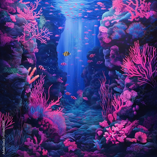 Obraz Coral reef in blue sea, teeming with colorful fish and swaying seaweed under the warm sunlight.