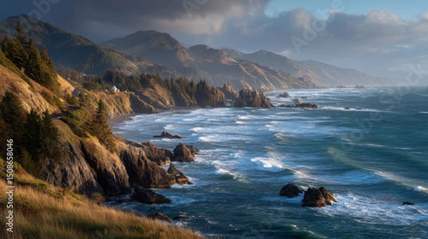 Fototapeta Rocky Pacific Coastline with Forested Cliffs